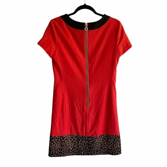 PINK TARTAN Wool Short Sleeve Mini Shift Dress Red Leopard Print 2 - Picture 4 of 7